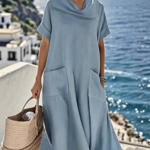 Women Plain Summer Dress Cowl Neck Short Sleeve A-Line Dress, Dresses, color:As Picture|size:3XL, catalog Noracora shop