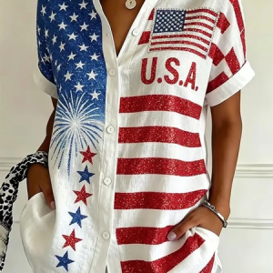 Shirt Collar Short Sleeve Independence Day (Flag) Printing Regular Micro-Elasticity Loose Button Up Shirt Shirt For Women, Shirts, color:White|size:5XL, catalog Noracora shop