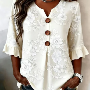 V Neck Half Sleeve Floral Printing Regular Micro-Elasticity Regular Fit Blouse For Women, Blouses, color:White|size:5XL, catalog Noracora shop