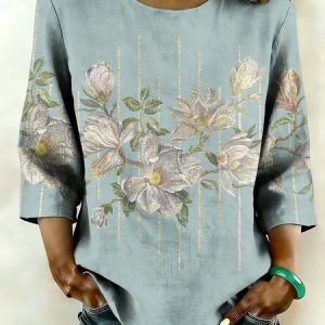 Crew Neck Half Sleeve Floral Printing Regular Micro-Elasticity Regular Fit Blouse For Women, Blouses, color:Blue|size:XXL, catalog Noracora shop