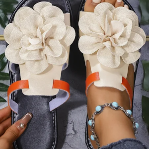 Vintage Floral Breathable Slip On Flat Heel Slide Sandals Split Joint, Slippers, color:Off White|size:44, catalog Noracora shop