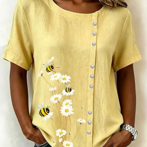 Crew Neck Short Sleeve Floral Printing Regular Micro-Elasticity Loose Shirt For Women, T-shirts, color:Yellow|size:4XL, catalog Noracora shop