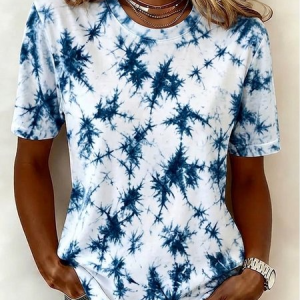 Vintage Abstract Crew Neck Short Sleeve T-shirt, Tops, color:Floral-white blue|size:XXL, catalog Noracora shop