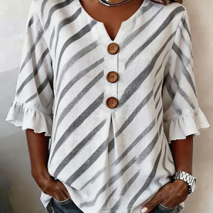 V Neck Half Sleeve Striped Printing Regular Micro-Elasticity Regular Fit Blouse For Women, Blouses, color:Gray|size:5XL, catalog Noracora shop