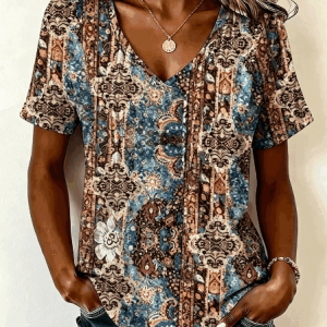 Vintage Paisley V Neck Short Sleeve T-shirt, T-shirts, color:As Picture|size:4XL, catalog Noracora shop