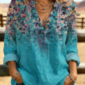 V Neck Long Sleeve Abstract Regular Loose Shirt For Women, Blouses, color:Blue|size:4XL, catalog Noracora shop