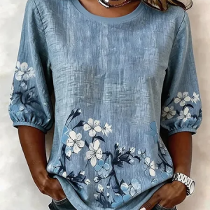 Crew Neck Half Sleeve Floral Printing Regular Micro-Elasticity Regular Fit Blouse For Women, Blouses, color:Blue|size:5XL, catalog Noracora shop