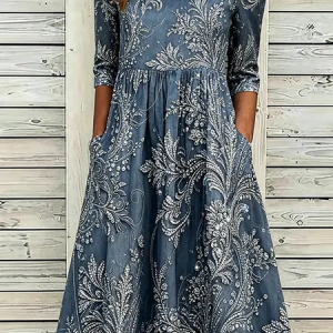 Women Floral Summer Printing Dress Crew Neck Half Sleeve H-Line Dress, Dresses, color:Navyblue|size:5XL, catalog Noracora shop