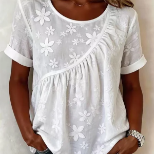 Crew Neck Short Sleeve Floral Regular Regular Fit Blouse For Women, T-shirts, color:White|size:3XL, catalog Noracora shop