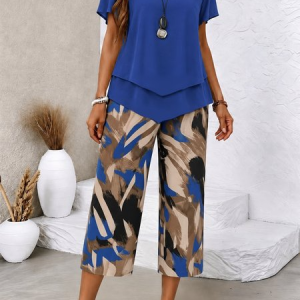 Women Floral Two-Piece Set Daily Short Sleeve Casual Summer Top With Skirt Matching Set, Sets, color:Royal Blue|size:5XL, catalog Noracora shop