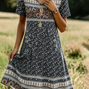 Women Geometric Summer Dress V Neck Short Sleeve Fit & Flare Dress A-Line Dress, Dresses, color:As Picture|size:5XL, catalog Noracora shop