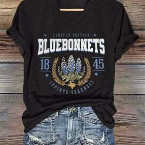 Vintage Floral V Neck Short Sleeve T-shirt, T-shirts, color:Black|size:3XL, catalog Noracora shop