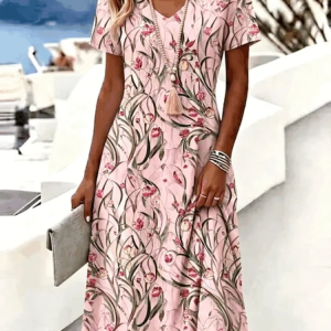 Women Floral Summer Dress V Neck Short Sleeve A-Line Dress, Dresses, color:Pink|size:4XL, catalog Noracora shop
