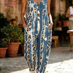 Women Abstract Crew Neck Sleeveless Vintage Summer Cotton And Linen Jumpsuit, Jumpsuits&Rompers, color:Blue|size:5XL, catalog Noracora shop