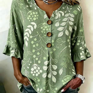 V Neck Half Sleeve Floral Printing Regular Micro-Elasticity Regular Fit Blouse For Women, Blouses, color:Green|size:5XL, catalog Noracora shop