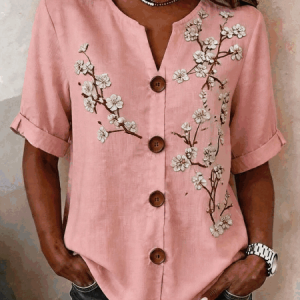 V Neck Half Sleeve Floral Regular Loose Shirt For Women, Shirts, color:Pink|size:5XL, catalog Noracora shop