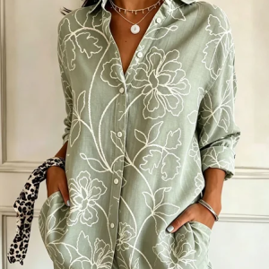 Shawl Collar Long Sleeve Floral Regular Loose Shirt For Women, Shirts, color:Green|size:5XL, catalog Noracora shop