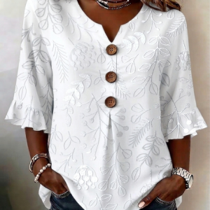 V Neck Half Sleeve Floral Printing Regular Micro-Elasticity Regular Fit Blouse For Women, Blouses, color:White|size:5XL, catalog Noracora shop