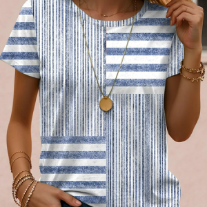 Casual Striped Crew Neck Short Sleeve T-shirt, Tops, color:stripe-blue|size:XXL, catalog Noracora shop