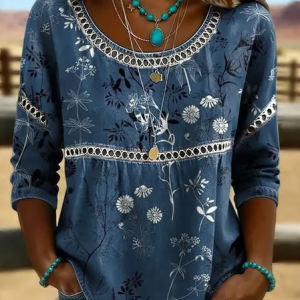 Crew Neck Half Sleeve Floral Printing Regular Micro-Elasticity Loose Blouse For Women, Blouses, color:Blue|size:4XL, catalog Noracora shop