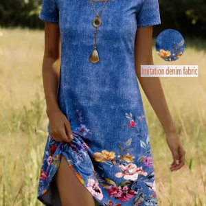 Women Faux Denim Print Graphic Summer Dress Crew Neck Short Sleeve Tunic H-Line Dress, Dresses, color:Denim Blue|size:5XL, catalog Noracora shop