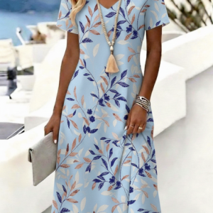 Women Leaf Summer Dress V Neck Short Sleeve A-Line Dress, Dresses, color:Dusty Teal|size:4XL, catalog Noracora shop