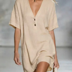Women Plain Summer Dress V Neck Short Sleeve T-Shirt Dress H-Line Dress, Dresses, color:Apricot|size:3XL, catalog Noracora shop