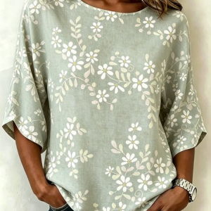 Crew Neck Half Sleeve Floral Regular Loose Blouse For Women, Blouses, color:Green|size:5XL, catalog Noracora shop