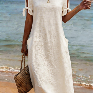 Women Plain Summer Dress Crew Neck Short Sleeve H-Line Dress, Dresses, color:Off White|size:3XL, catalog Noracora shop