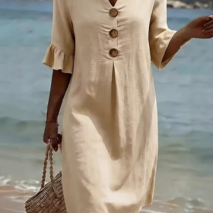 Women Plain Summer Dress V Neck Half Sleeve Fit & Flare Dress A-Line Dress, Dresses, color:Apricot|size:3XL, catalog Noracora shop