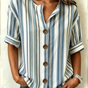 Stand Collar Three Quarter Sleeve Striped Regular Loose Shirt For Women, Shirts, color:Blue|size:5XL, catalog Noracora shop