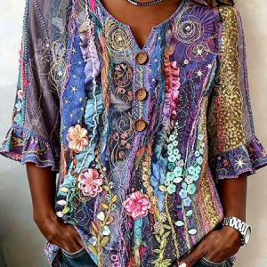 V Neck Half Sleeve Floral Printing Regular Micro-Elasticity Regular Fit Blouse For Women, Blouses, color:Purple|size:5XL, catalog Noracora shop