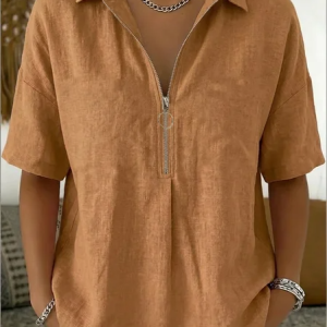 Shawl Collar Short Sleeve Plain Regular Loose Blouse For Women, Blouses, color:Brown|size:3XL, catalog Noracora shop