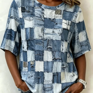 Vintage Faux Denim Print Graphic Crew Neck Short Sleeve T-shirt, Blouses, color:Denim Blue|size:5XL, catalog Noracora shop
