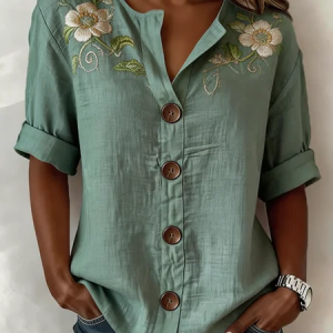 Stand Collar Long Sleeve Floral Regular Loose Shirt For Women, Shirts, color:Green|size:4XL, catalog Noracora shop