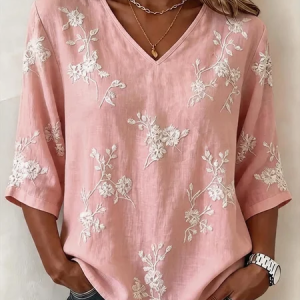 Crew Neck Half Sleeve Floral Lightweight Loose Shirt For Women, Blouses, color:Pink|size:5XL, catalog Noracora shop