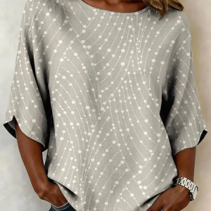 Crew Neck Half Sleeve Abstract Printing Regular Micro-Elasticity Regular Fit Blouse For Women, Blouses, color:Light Khaki|size:5XL, catalog Noracora shop