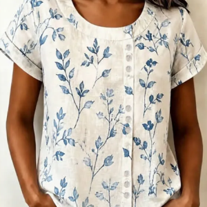 Crew Neck Short Sleeve Floral Printing Regular Micro-Elasticity Loose Shirt For Women, T-shirts, color:White|size:4XL, catalog Noracora shop