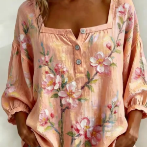 Square Neck Three Quarter Sleeve Floral Printing Regular Micro-Elasticity Loose Blouse For Women, Blouses, color:Orange Red|size:5XL, catalog Noracora shop