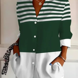 Shirt Collar Long Sleeve Striped Regular Loose Shirt For Women, Shirts, color:Green|size:5XL, catalog Noracora shop