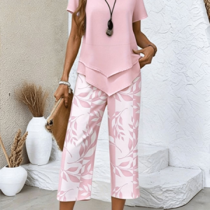 Women Floral Printing Two-Piece Set Daily Short Sleeve Casual Summer Top With Pants Matching Set, Sets, color:Pink|size:5XL, catalog Noracora shop