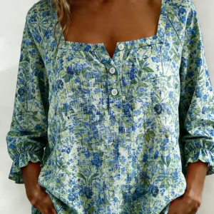 Square Neck Three Quarter Sleeve Floral Printing Regular Micro-Elasticity Loose Blouse For Women, Blouses, color:Blue|size:5XL, catalog Noracora shop