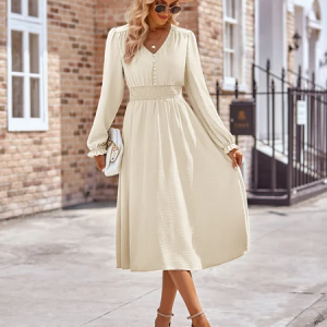 Women Plain Crew Neck Long Sleeve Comfy Casual Midi Dress, Maxi, color:Khaki|size:XL, catalog Noracora shop