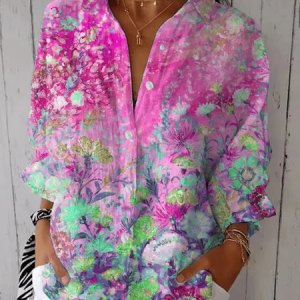 Shirt Collar Three Quarter Sleeve Floral Regular Loose Shirt For Women, Shirts, color:Deep Pink|size:M, catalog Noracora shop