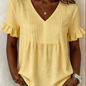 V Neck Ruffle Sleeve Short Sleeve Plain Regular Loose Shirt For Women, T-shirts, color:Yellow|size:XXL, catalog Noracora shop