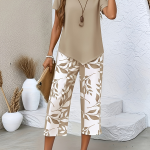 Women Floral Two-Piece Set Daily Short Sleeve Casual Summer Top With Pants Matching Set, Sets, color:Light Brown|size:5XL, catalog Noracora shop