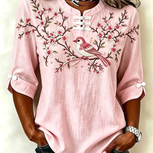 Mandarin Collar Half Sleeve Floral Printing Regular Micro-Elasticity Regular Fit Blouse For Women, Blouses, color:Pink|size:5XL, catalog Noracora shop