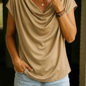Casual Plain Cowl Neck Sleeveless T-shirt, T-shirts, color:Khaki|size:3XL, catalog Noracora shop