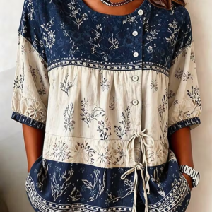 Crew Neck Half Sleeve Floral Regular Micro-Elasticity Loose Shirt For Women, Shirts, color:Blue|size:4XL, catalog Noracora shop