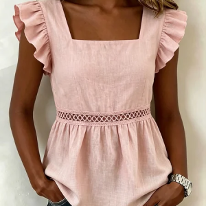 Petal Sleeve Sleeveless Plain Regular Regular Fit Shirt For Women, Blouses, color:Pink|size:XXL, catalog Noracora shop